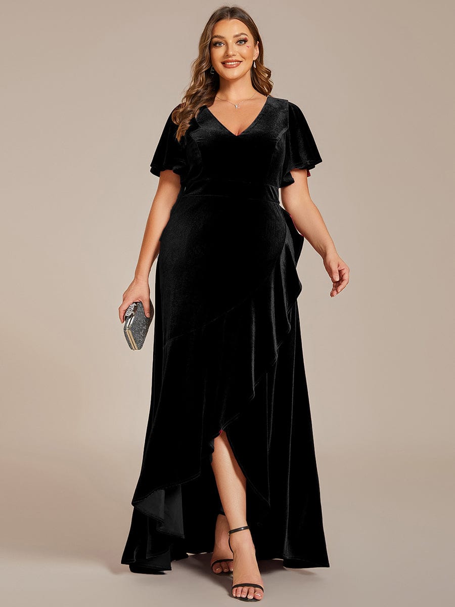 Plus Size Lotus Leaf Hem A-Line V-Neck Ruffles Sleeve Velvet Evening Dress #color_Black