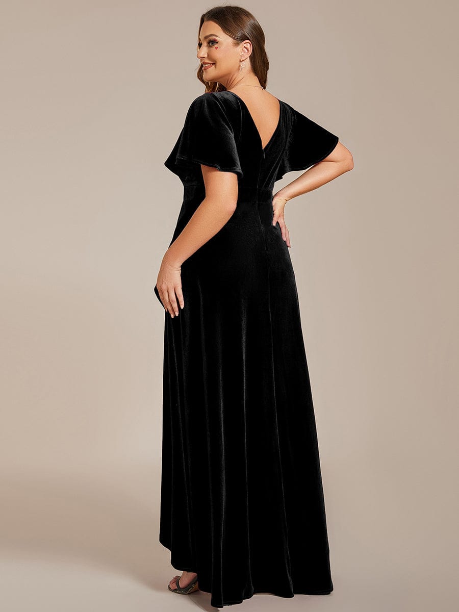 Plus Size Lotus Leaf Hem A-Line V-Neck Ruffles Sleeve Velvet Evening Dress #color_Black