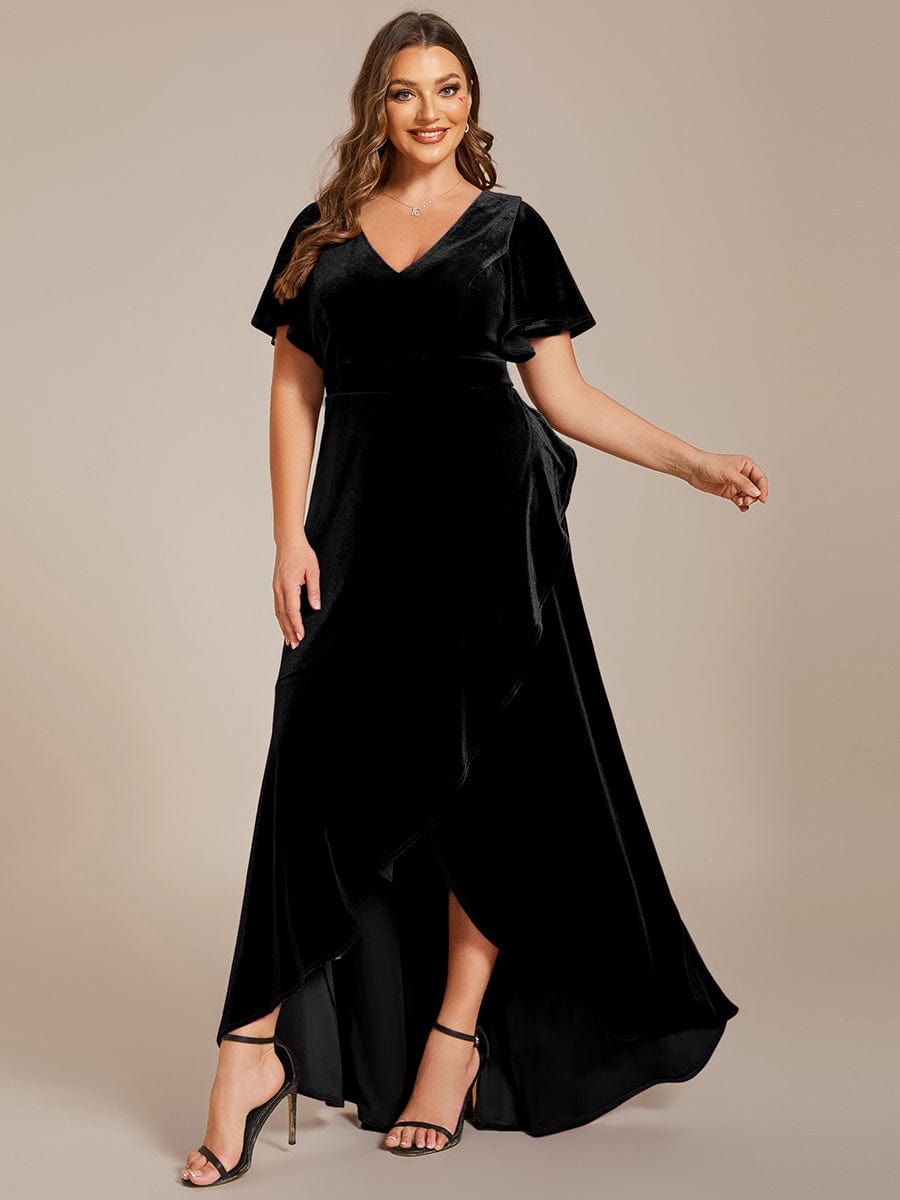 Plus Size Lotus Leaf Hem A-Line V-Neck Ruffles Sleeve Velvet Evening Dress #color_Black