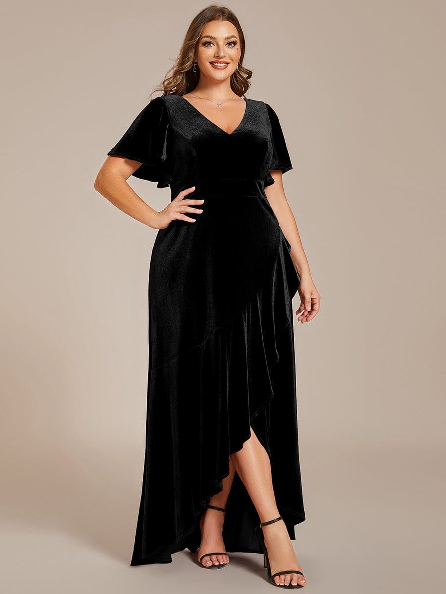 Plus Size Lotus Leaf Hem A-Line V-Neck Ruffles Sleeve Velvet Evening Dress #color_Black