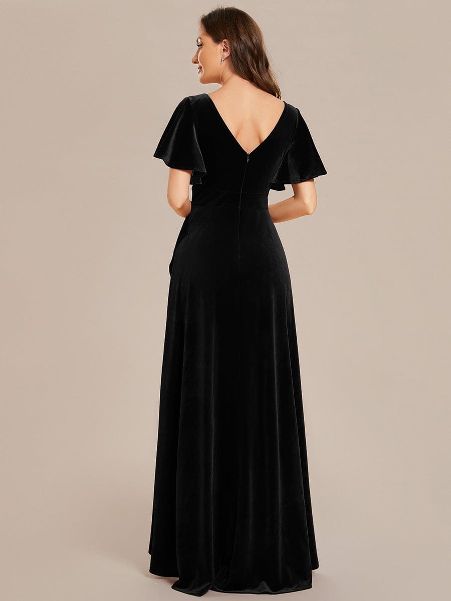 Double V-Neck Short Sleeves Stretchy Velvet Evening Dress with Lotus Leaf Hem #color_Black