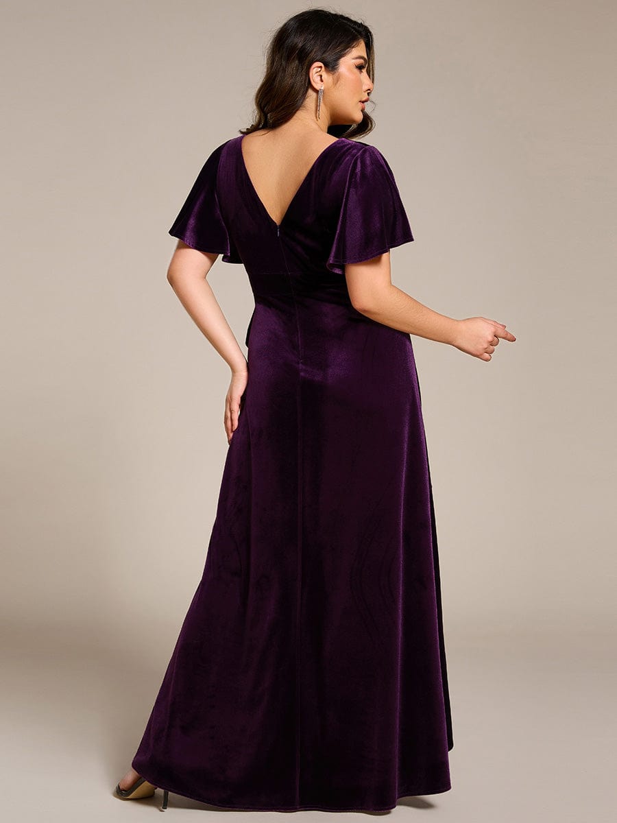 Double V-Neck Short Sleeves Stretchy Velvet Evening Dress with Lotus Leaf Hem #color_Dark Purple