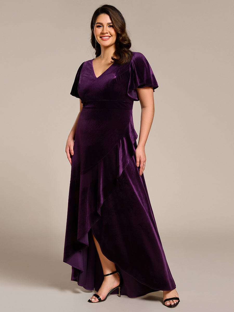 Plus Size Lotus Leaf Hem A-Line V-Neck Ruffles Sleeve Velvet Evening Dress #color_Dark Purple