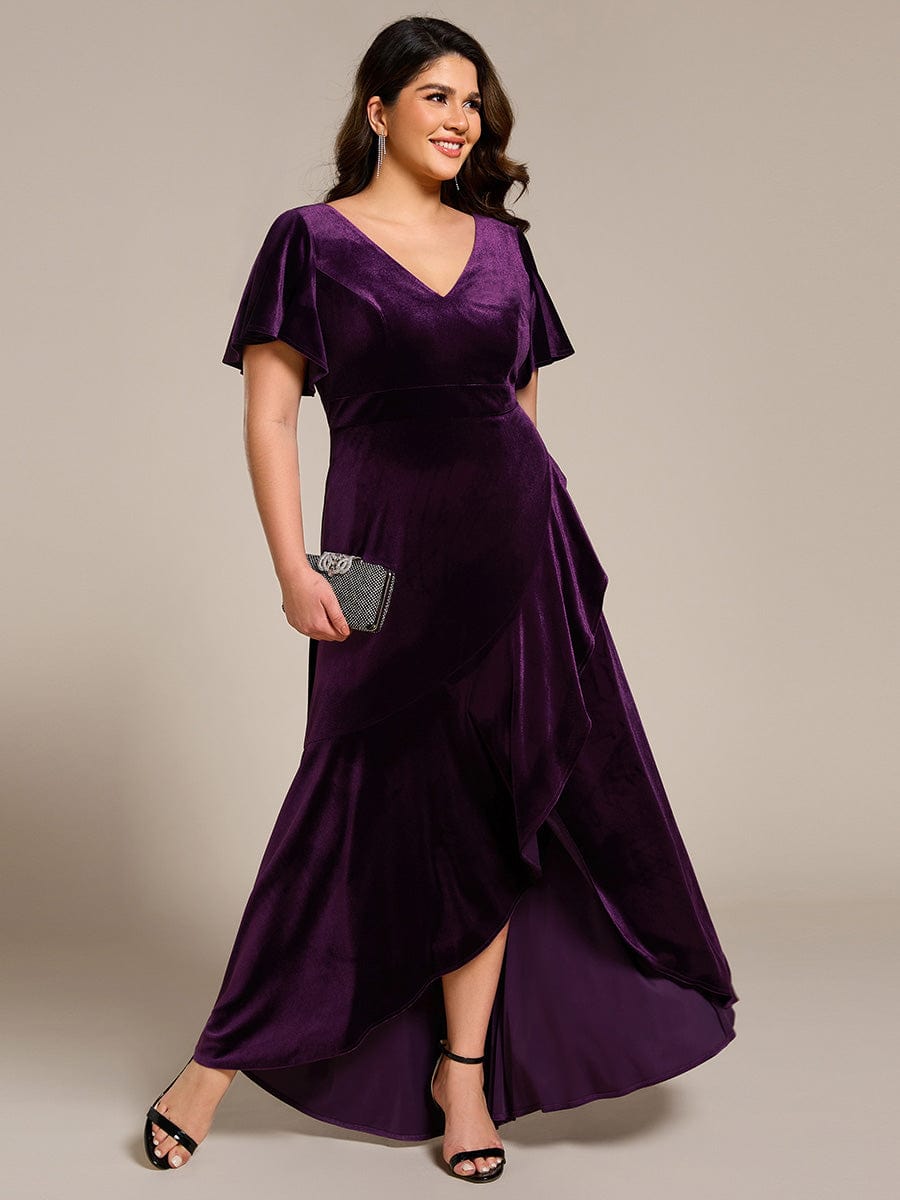 Plus Size Lotus Leaf Hem A-Line V-Neck Ruffles Sleeve Velvet Evening Dress #color_Dark Purple