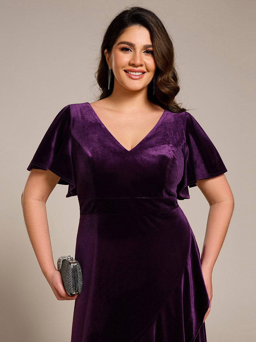 Plus Size Lotus Leaf Hem A-Line V-Neck Ruffles Sleeve Velvet Evening Dress #color_Dark Purple