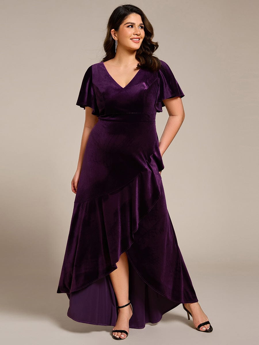 Plus Size Lotus Leaf Hem A-Line V-Neck Ruffles Sleeve Velvet Evening Dress #color_Dark Purple