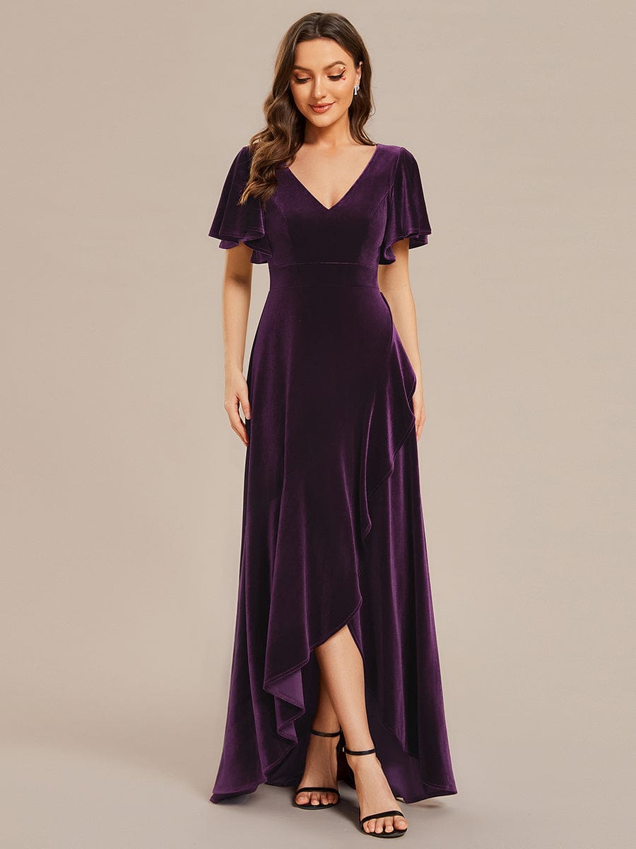 Double V-Neck Short Sleeves Stretchy Velvet Evening Dress with Lotus Leaf Hem #color_Dark Purple