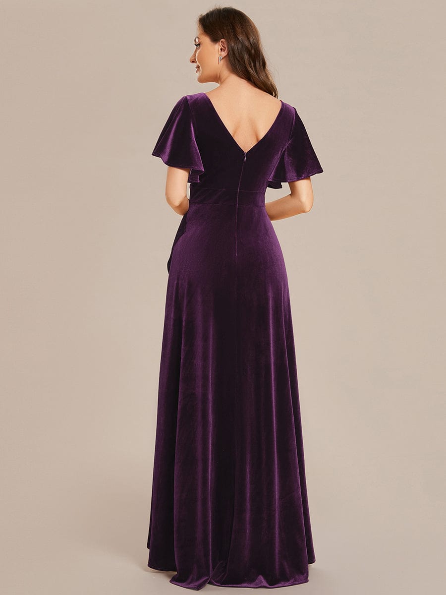 Double V-Neck Short Sleeves Stretchy Velvet Evening Dress with Lotus Leaf Hem #color_Dark Purple