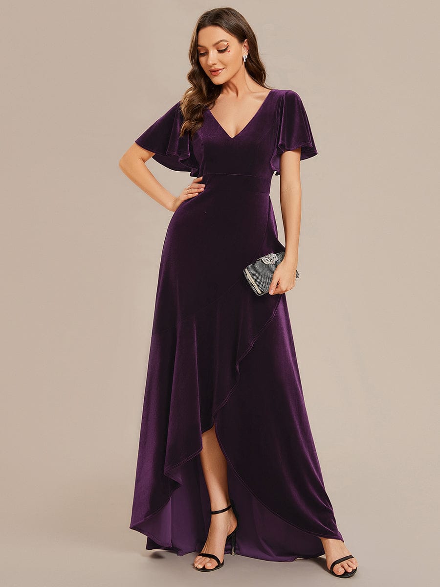 Double V-Neck Short Sleeves Stretchy Velvet Evening Dress with Lotus Leaf Hem #color_Dark Purple