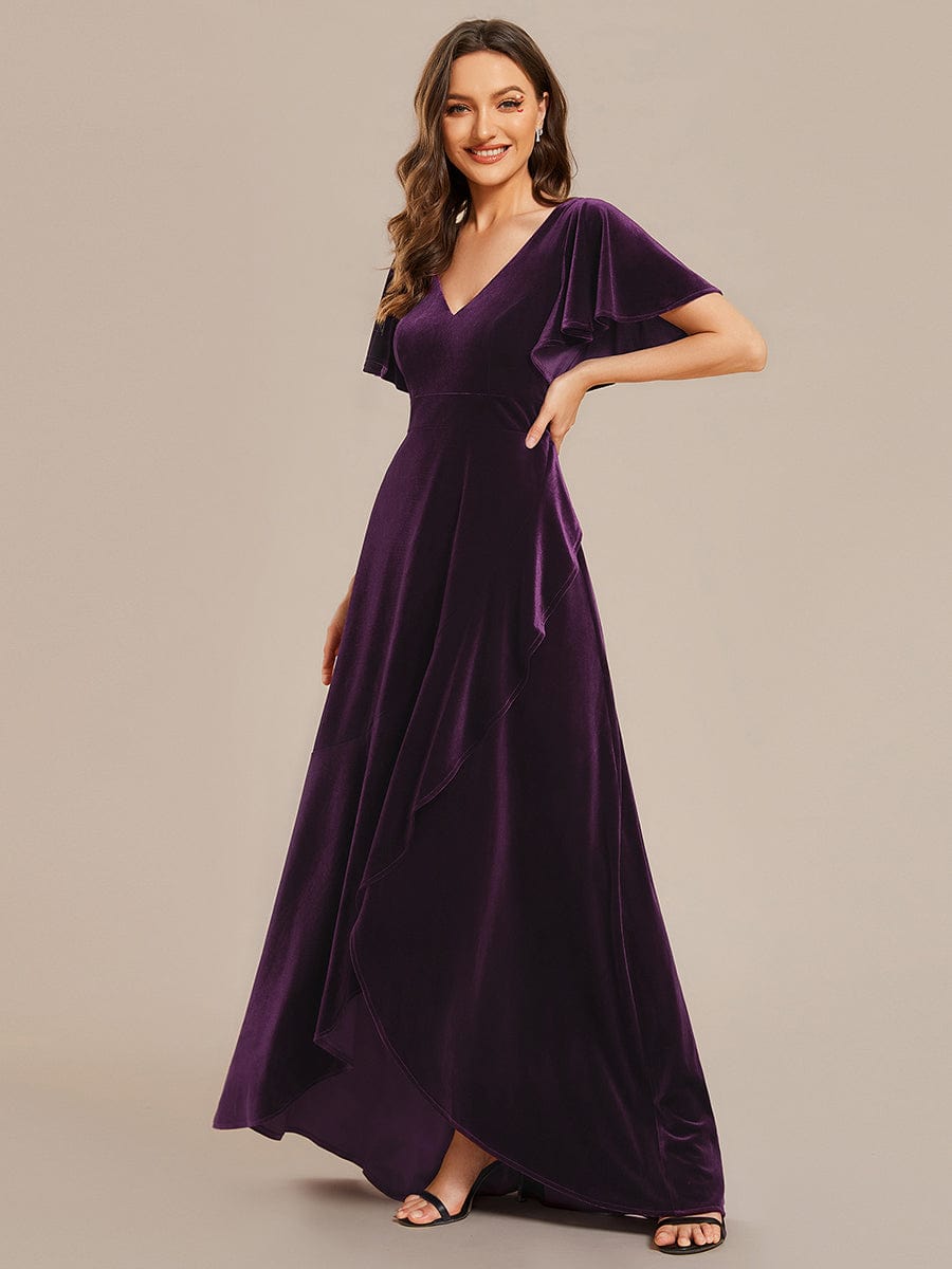 Double V-Neck Short Sleeves Stretchy Velvet Evening Dress with Lotus Leaf Hem #color_Dark Purple