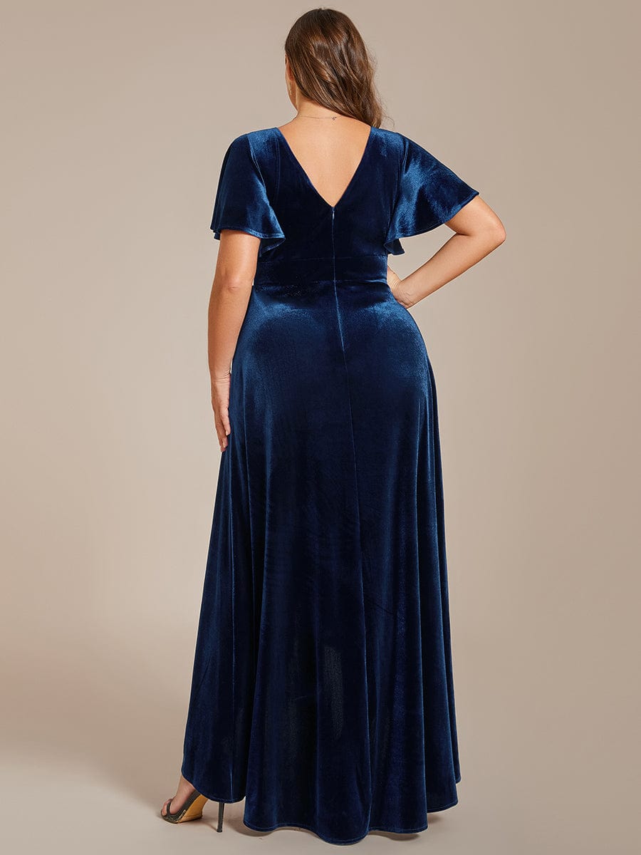 Double V-Neck Short Sleeves Stretchy Velvet Evening Dress with Lotus Leaf Hem #color_Navy Blue