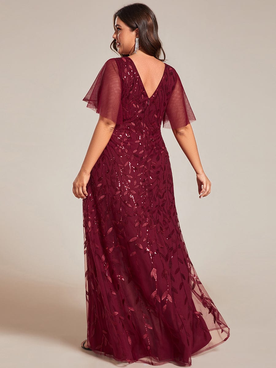 Short Sleeves Sequin High Low V-Neck Midi Formal Evening Dress #color_Burgundy