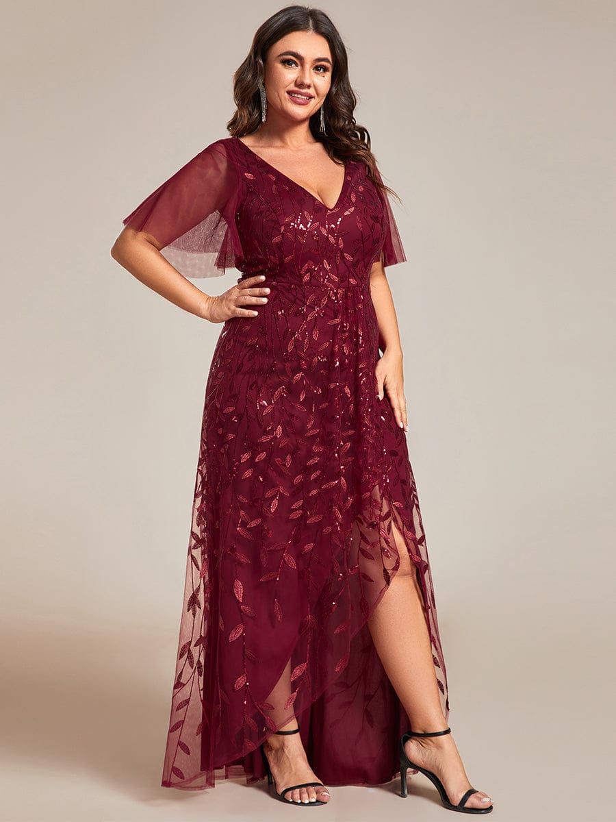 Short Sleeves Sequin High Low V-Neck Midi Formal Evening Dress #color_Burgundy