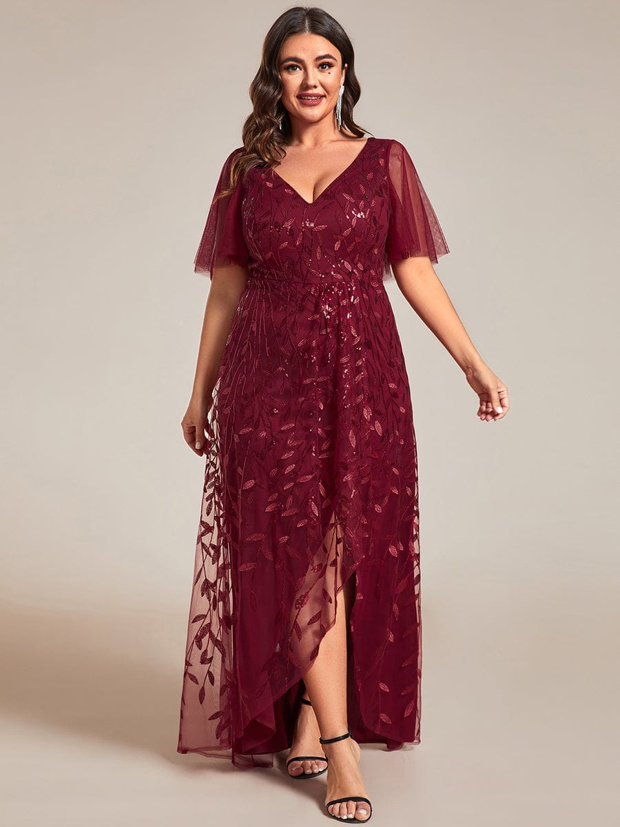 Short Sleeves Sequin High Low V-Neck Midi Formal Evening Dress #color_Burgundy