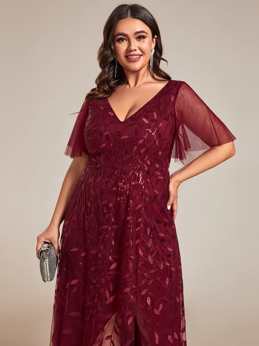 Short Sleeves Sequin High Low V-Neck Midi Formal Evening Dress #color_Burgundy