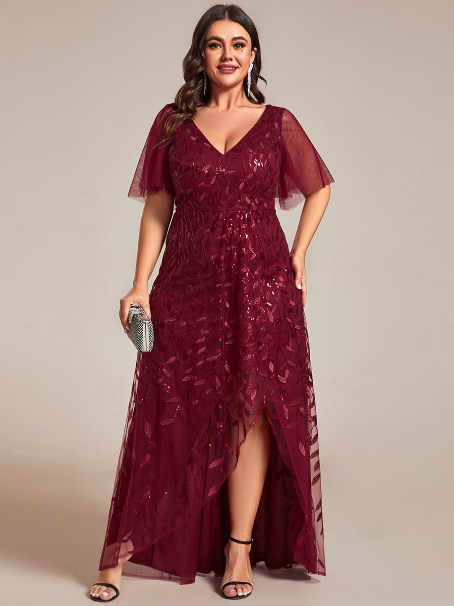 Short Sleeves Sequin High Low V-Neck Midi Formal Evening Dress #color_Burgundy