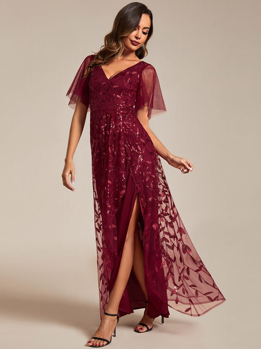 Short Sleeves Sequin High Low V-Neck Midi Formal Evening Dress #color_Burgundy