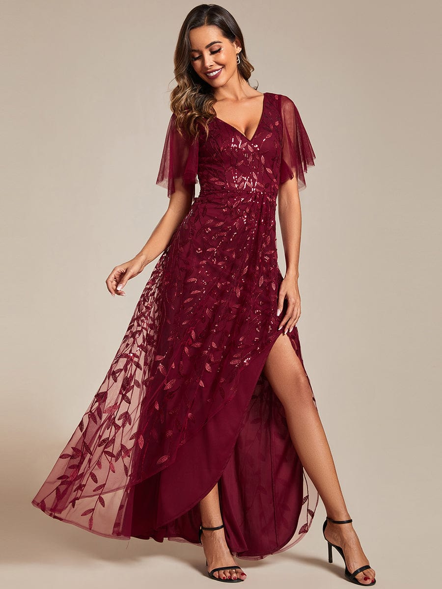 Short Sleeves Sequin High Low V-Neck Midi Formal Evening Dress #color_Burgundy