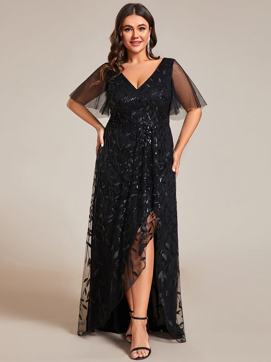 Short Sleeves Sequin High Low V-Neck Midi Formal Evening Dress #color_Black