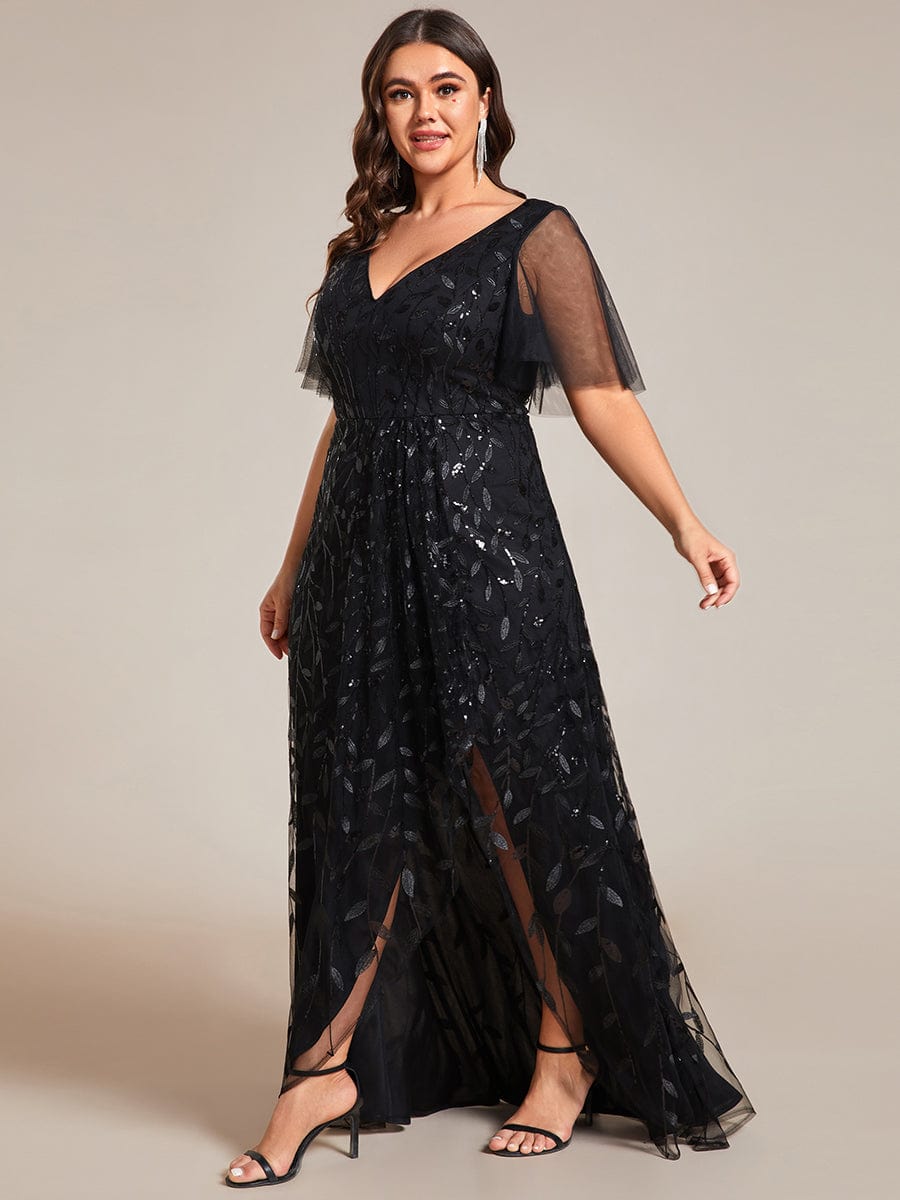 Short Sleeves Sequin High Low V-Neck Midi Formal Evening Dress #color_Black