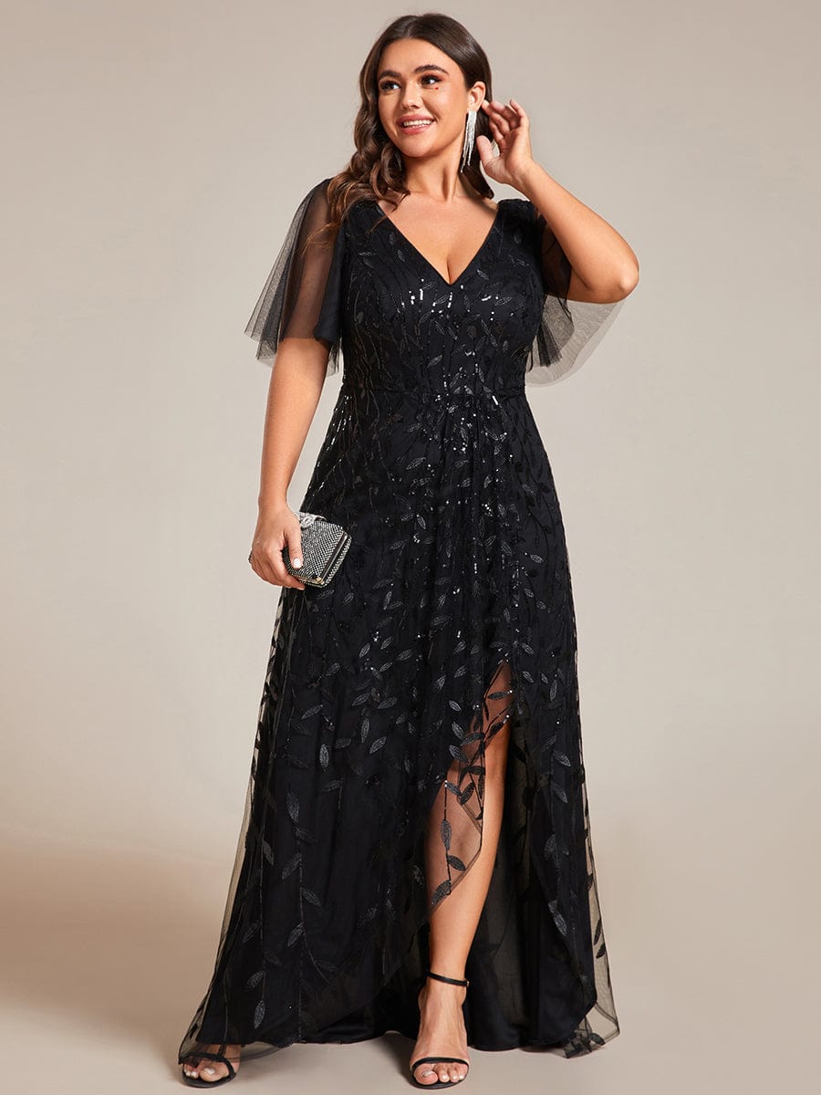 Short Sleeves Sequin High Low V-Neck Midi Formal Evening Dress #color_Black