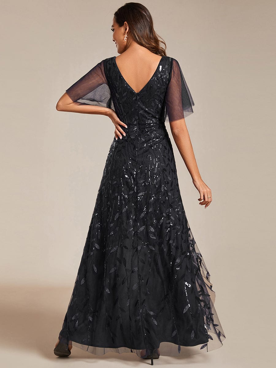 Short Sleeves Sequin High Low V-Neck Midi Formal Evening Dress #color_Black