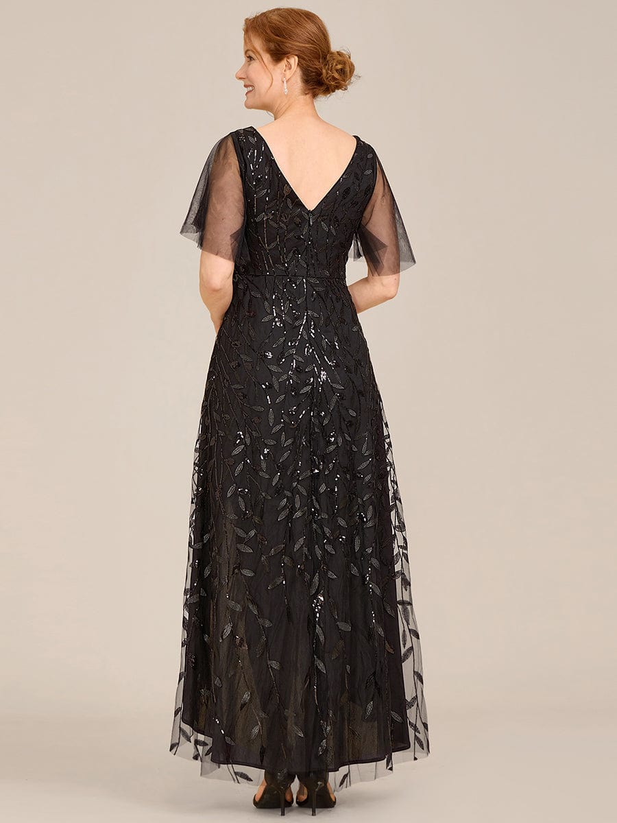 Short Sleeves Sequin High Low V-Neck Midi Formal Evening Dress #color_Black