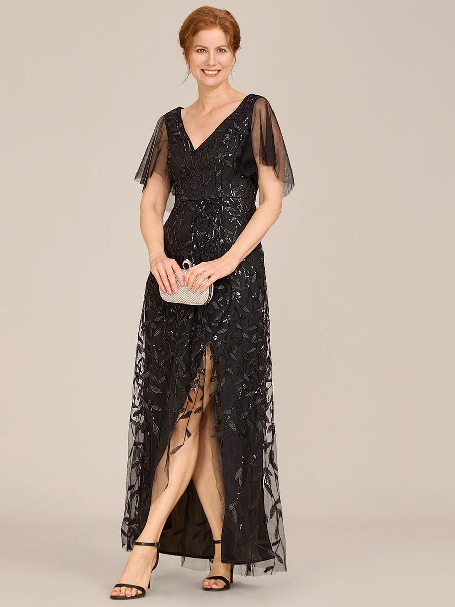 Short Sleeves Sequin High Low V-Neck Midi Formal Evening Dress #color_Black