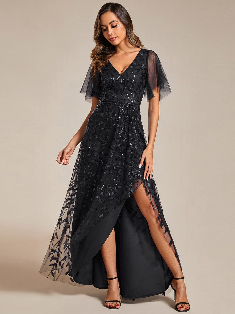 Short Sleeves Sequin High Low V-Neck Midi Formal Evening Dress #color_Black