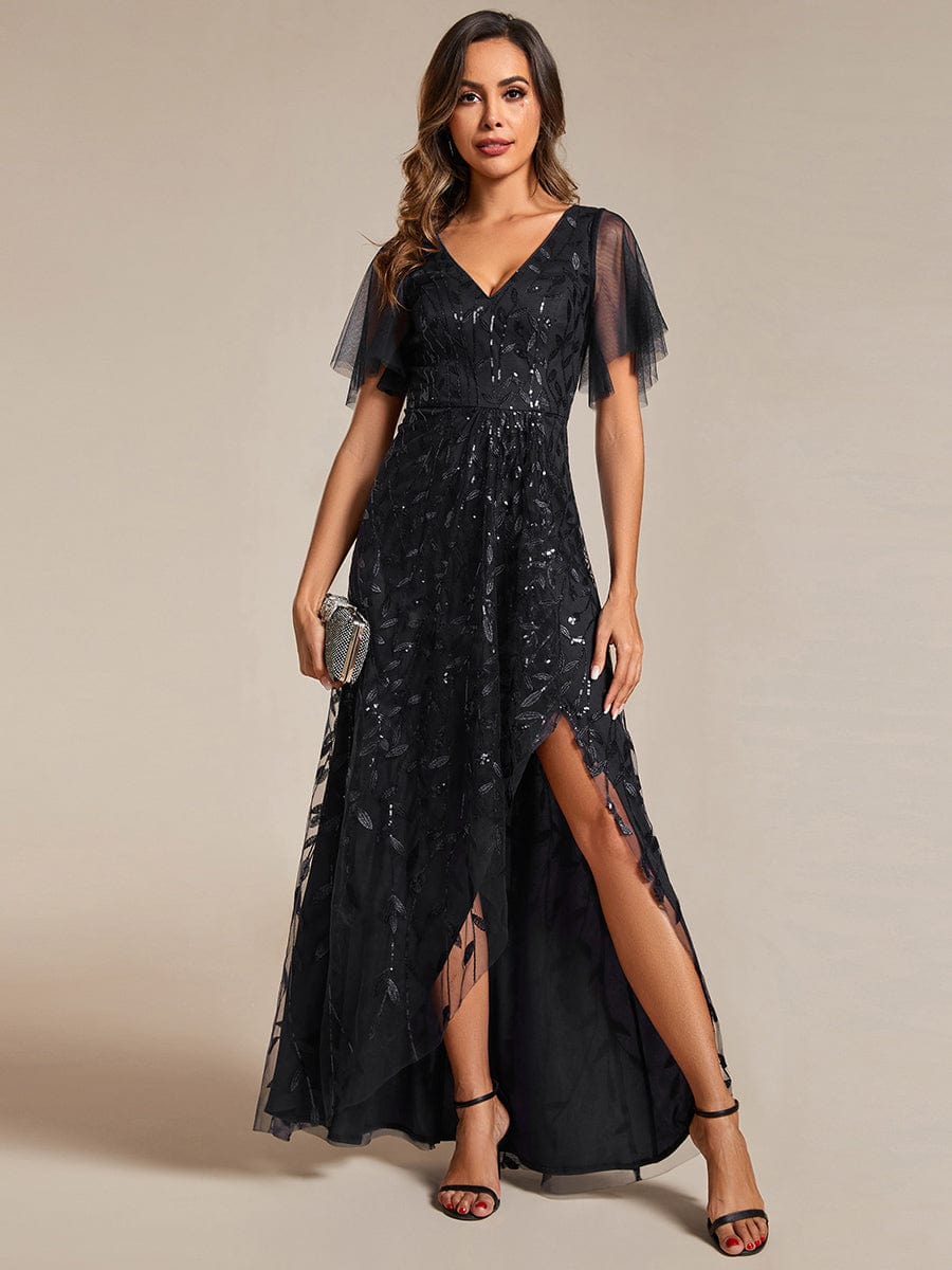 Short Sleeves Sequin High Low V-Neck Midi Formal Evening Dress #color_Black