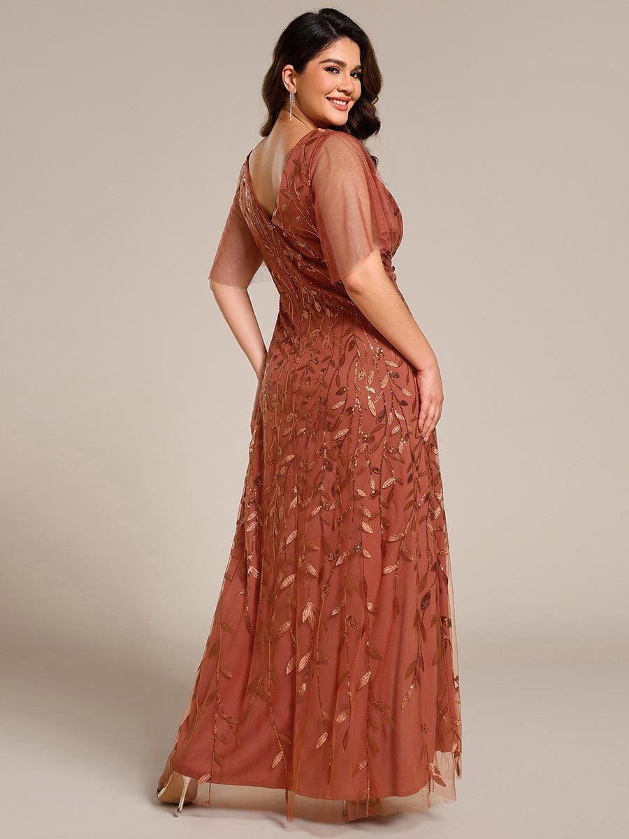 Short Sleeves Sequin High Low V-Neck Midi Formal Evening Dress #color_Burnt Orange