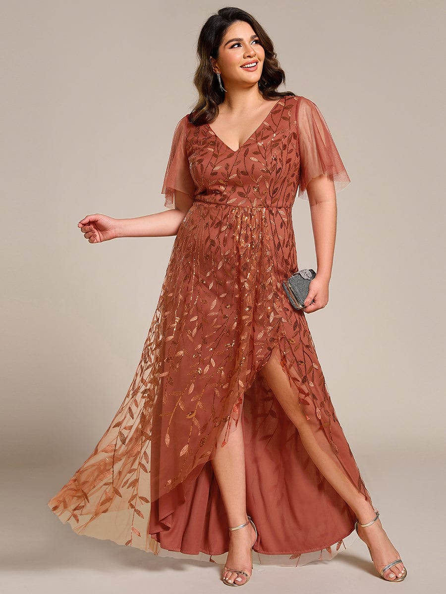 Short Sleeves Sequin High Low V-Neck Midi Formal Evening Dress #color_Burnt Orange