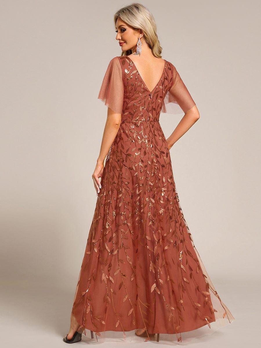 Short Sleeves Sequin High Low V-Neck Midi Formal Evening Dress #color_Burnt Orange