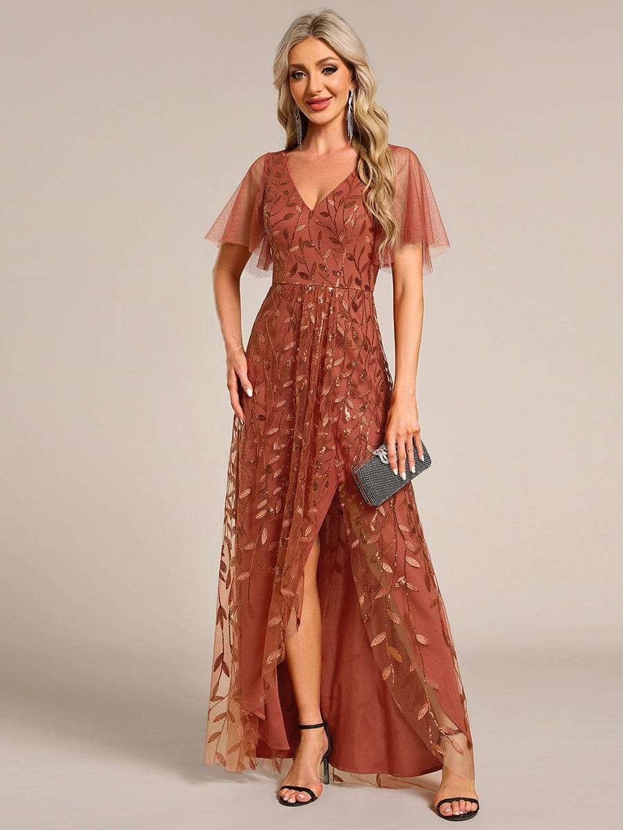 Short Sleeves Sequin High Low V-Neck Midi Formal Evening Dress #color_Burnt Orange