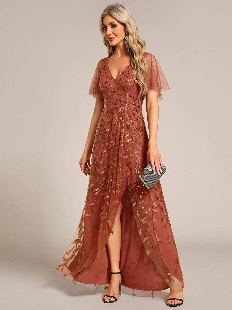 Short Sleeves Sequin High Low V-Neck Midi Formal Evening Dress #color_Burnt Orange