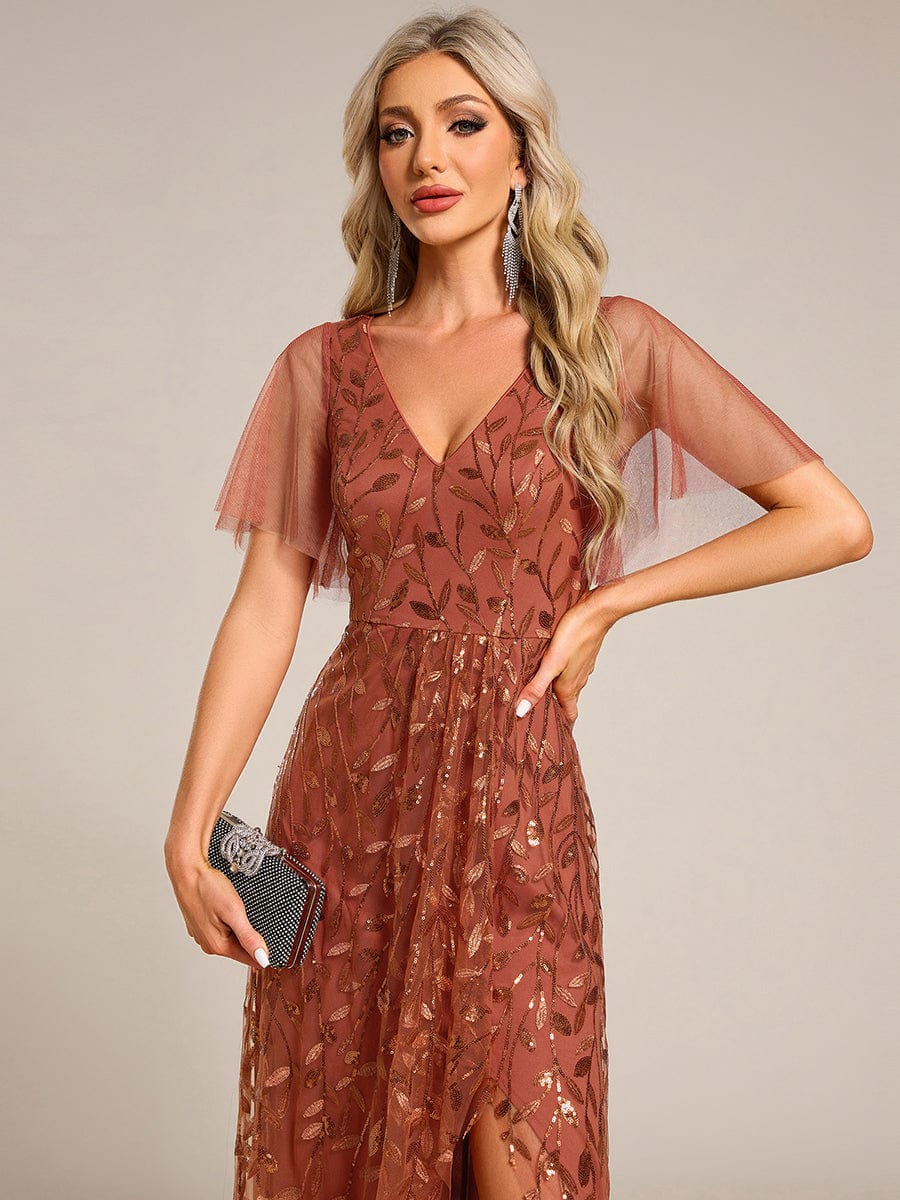 Short Sleeves Sequin High Low V-Neck Midi Formal Evening Dress #color_Burnt Orange