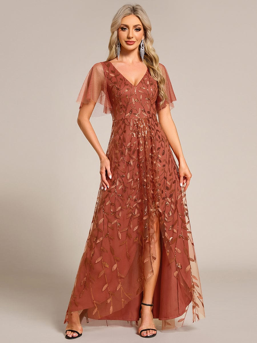 Short Sleeves Sequin High Low V-Neck Midi Formal Evening Dress #color_Burnt Orange