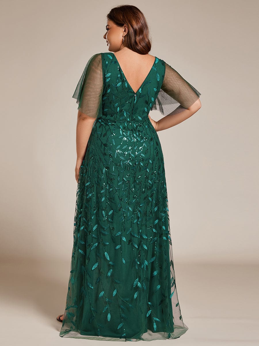 Plus Size Short Sleeves Sequin High Low V-Neck Midi Formal Evening Dress #color_Dark Green