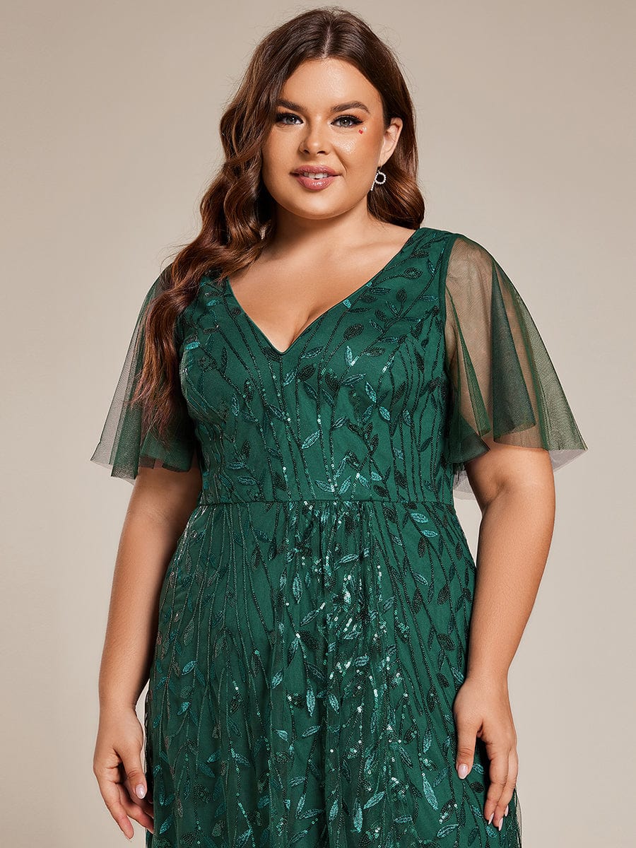 Plus Size Short Sleeves Sequin High Low V-Neck Midi Formal Evening Dress #color_Dark Green