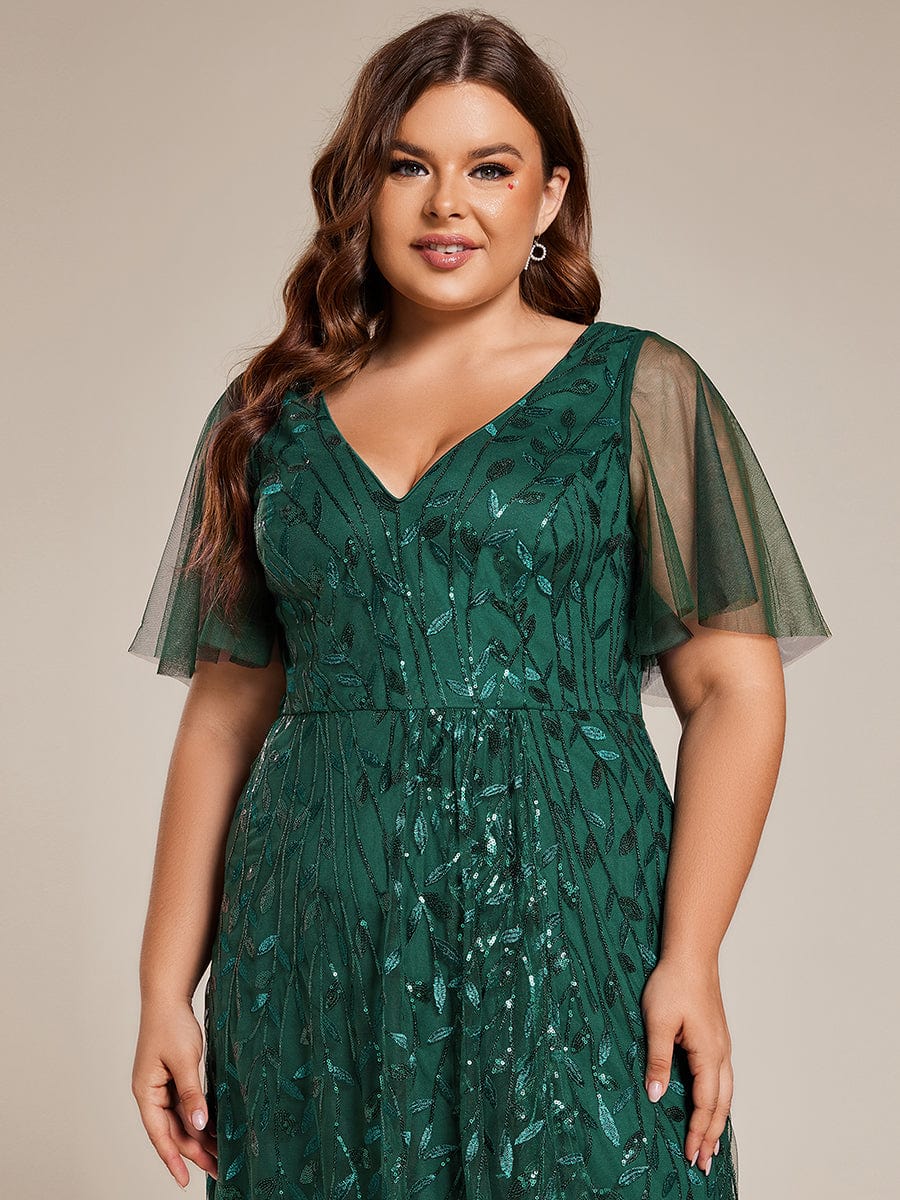 Short Sleeves Sequin High Low V-Neck Midi Formal Evening Dress #color_Dark Green