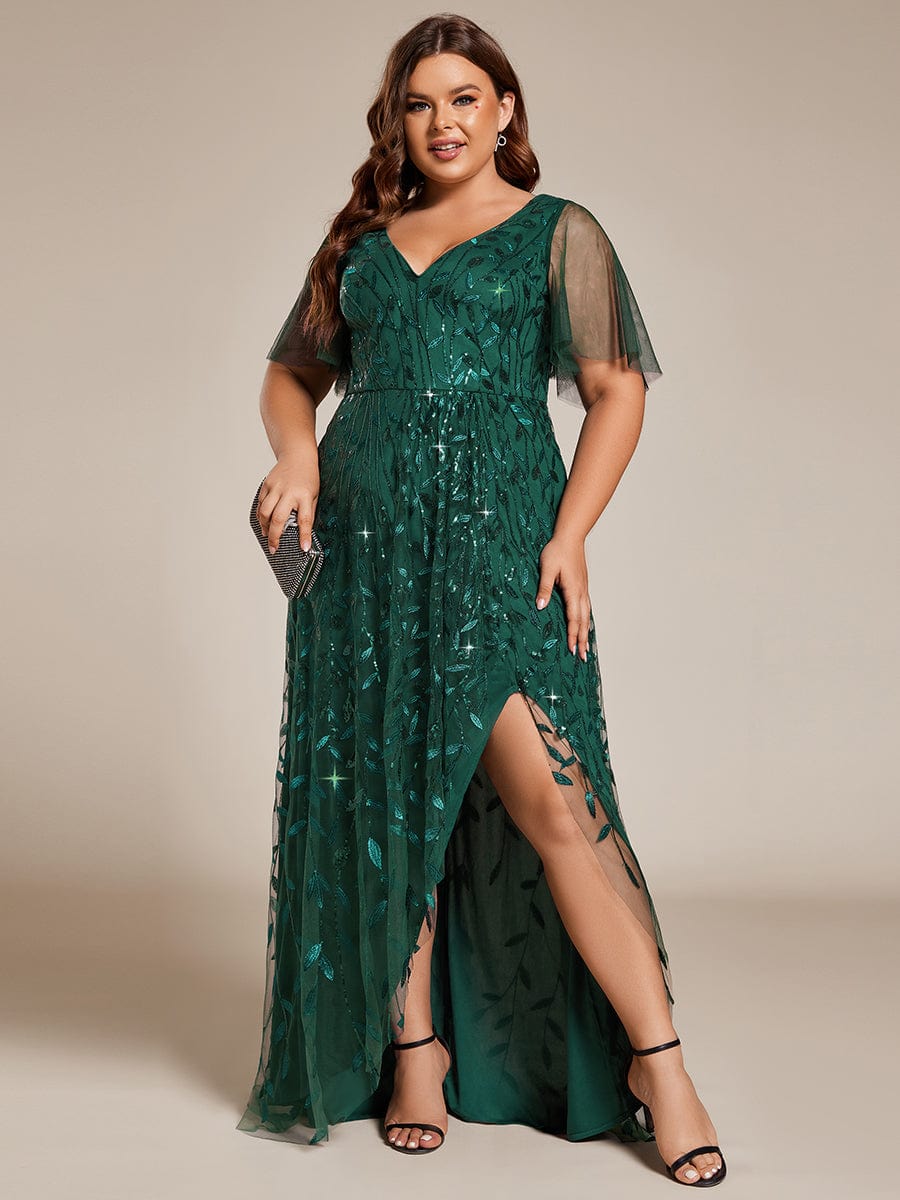 Short Sleeves Sequin High Low V-Neck Midi Formal Evening Dress #color_Dark Green