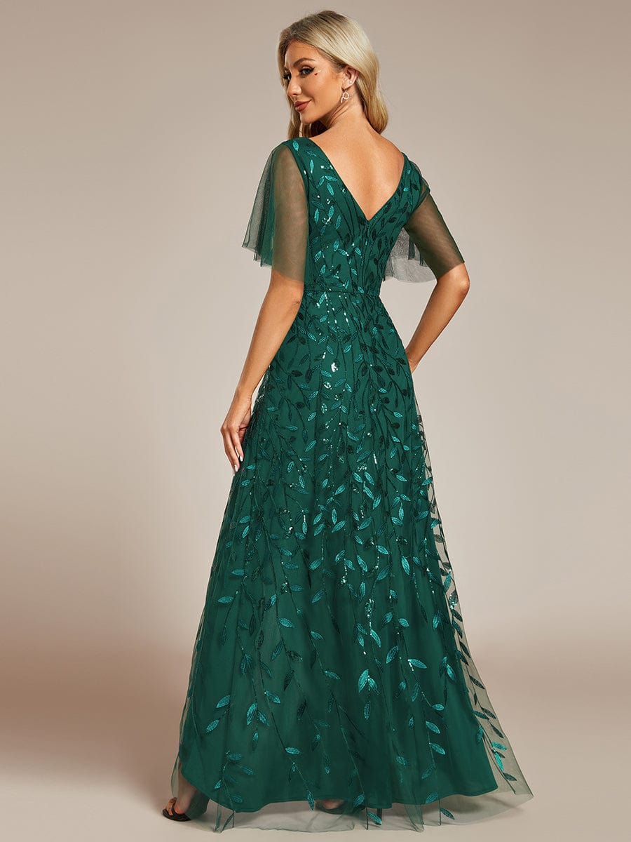 Short Sleeves Sequin High Low V-Neck Midi Formal Evening Dress #color_Dark Green