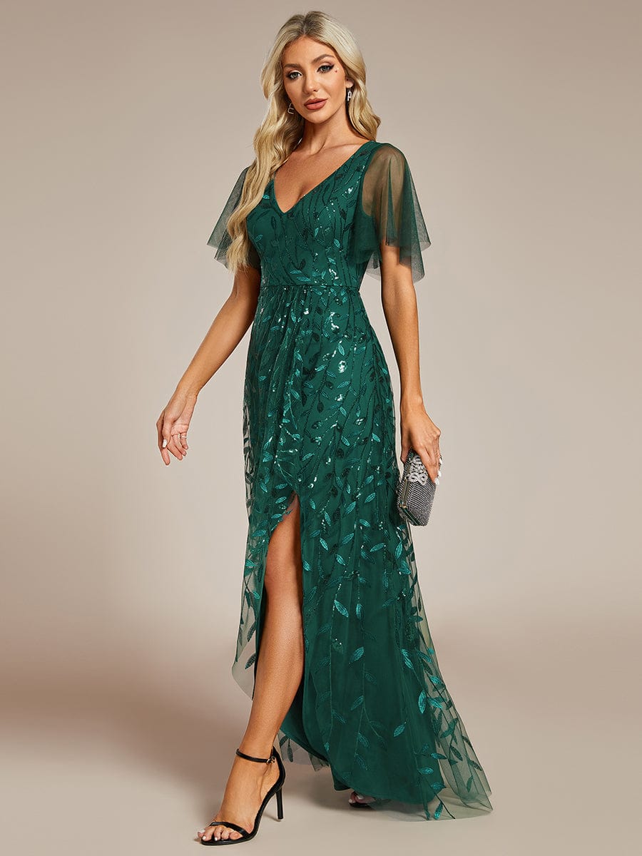 Short Sleeves Sequin High Low V-Neck Midi Formal Evening Dress #color_Dark Green