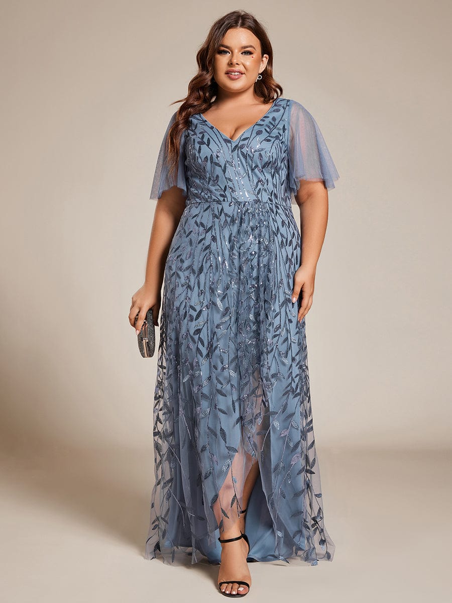 Plus Size Short Sleeves Sequin High Low V-Neck Midi Formal Evening Dress #color_Dusty Navy