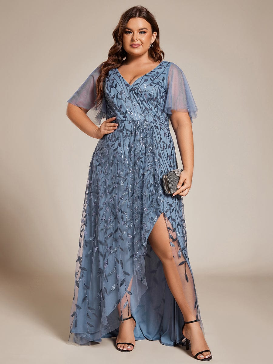 Short Sleeves Sequin High Low V-Neck Midi Formal Evening Dress #color_Dusty Blue