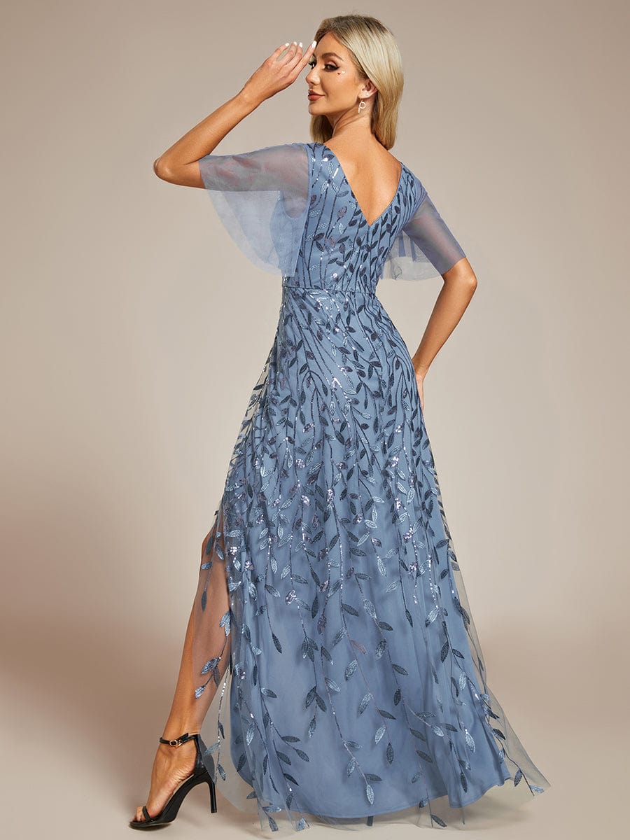 Short Sleeves Sequin High Low V-Neck Midi Formal Evening Dress #color_Dusty Blue