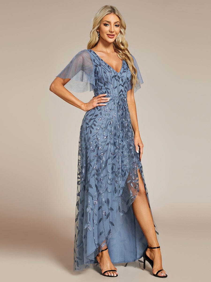 Short Sleeves Sequin High Low V-Neck Midi Formal Evening Dress #color_Dusty Blue