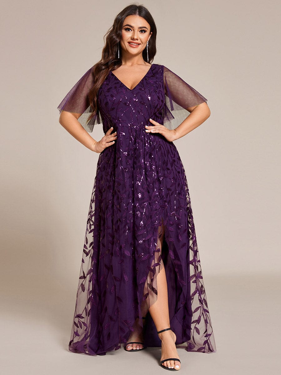 Plus Size Short Sleeves Sequin High Low V-Neck Midi Formal Evening Dress #color_Dark Purple