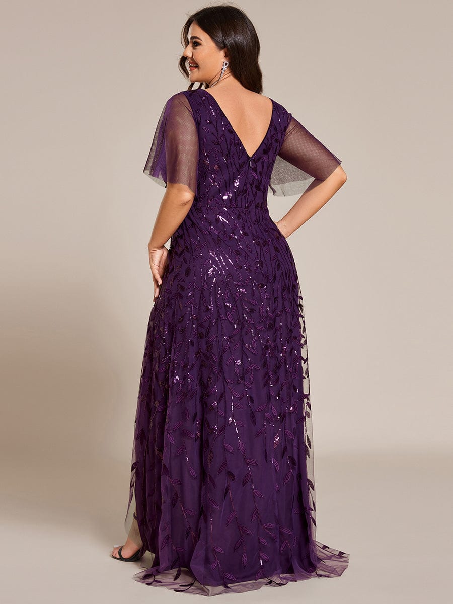 Plus Size Short Sleeves Sequin High Low V-Neck Midi Formal Evening Dress #color_Dark Purple