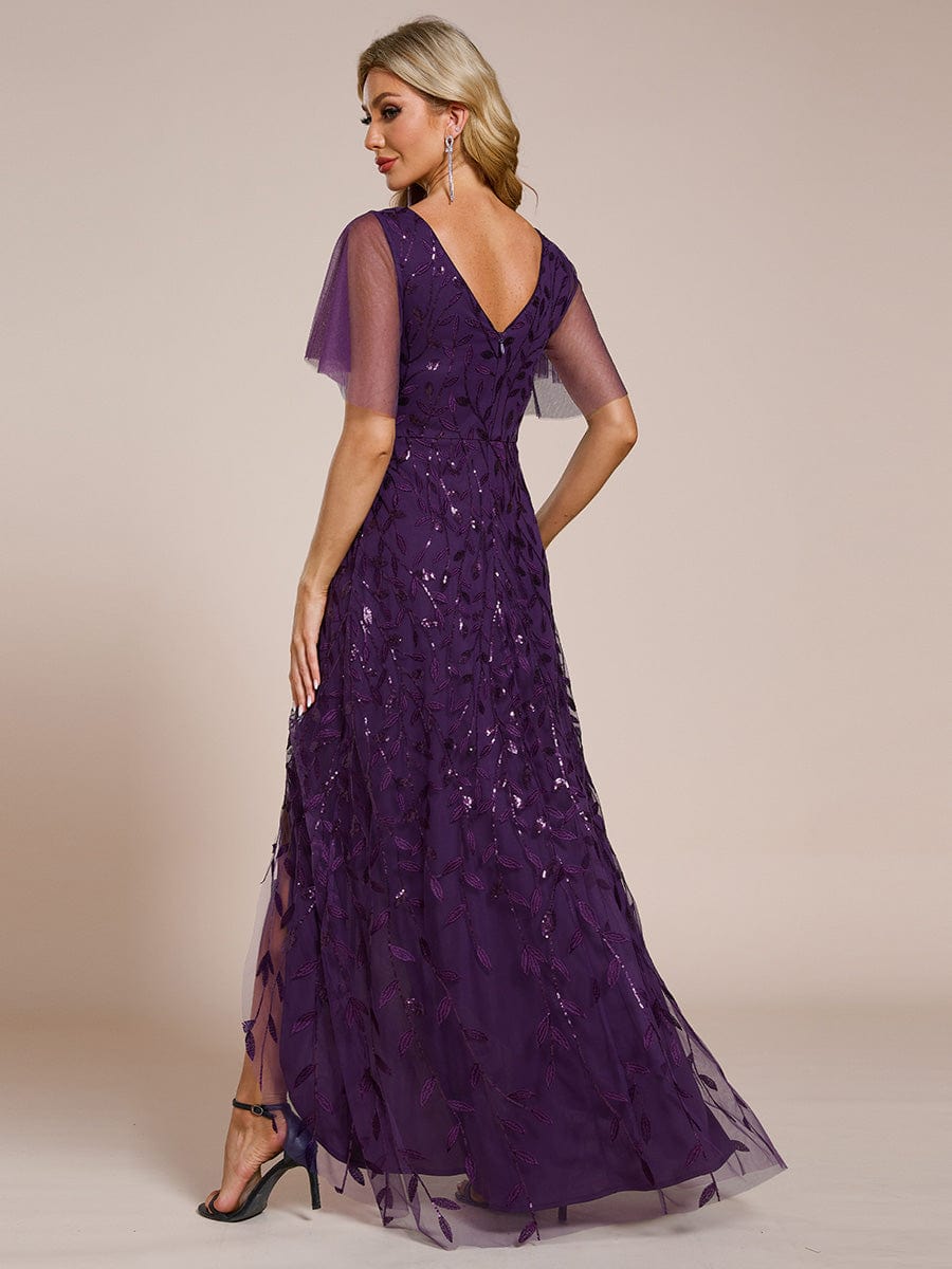 Short Sleeves Sequin High Low V-Neck Midi Formal Evening Dress #color_Dark Purple